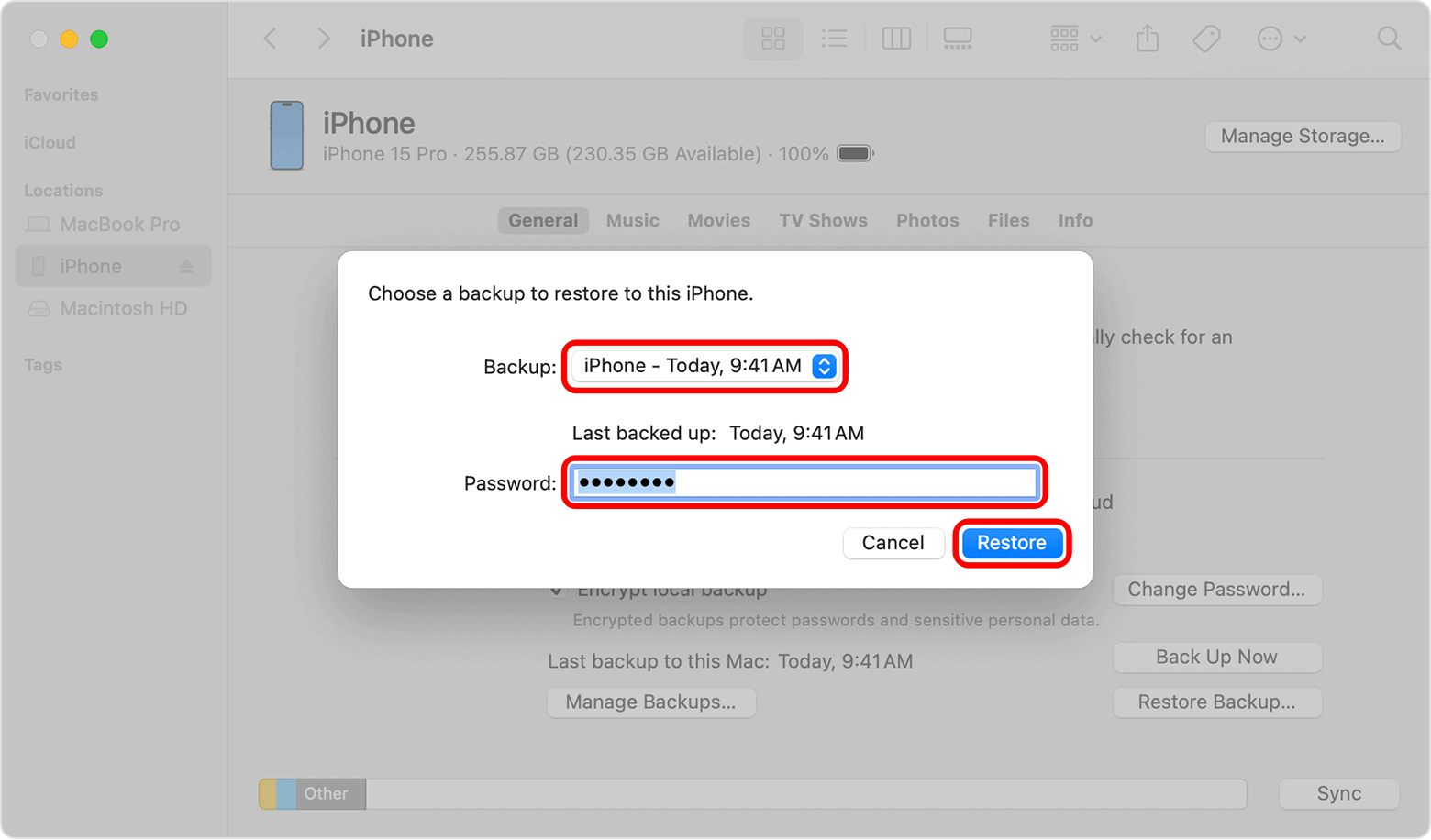 select a backup and click restore