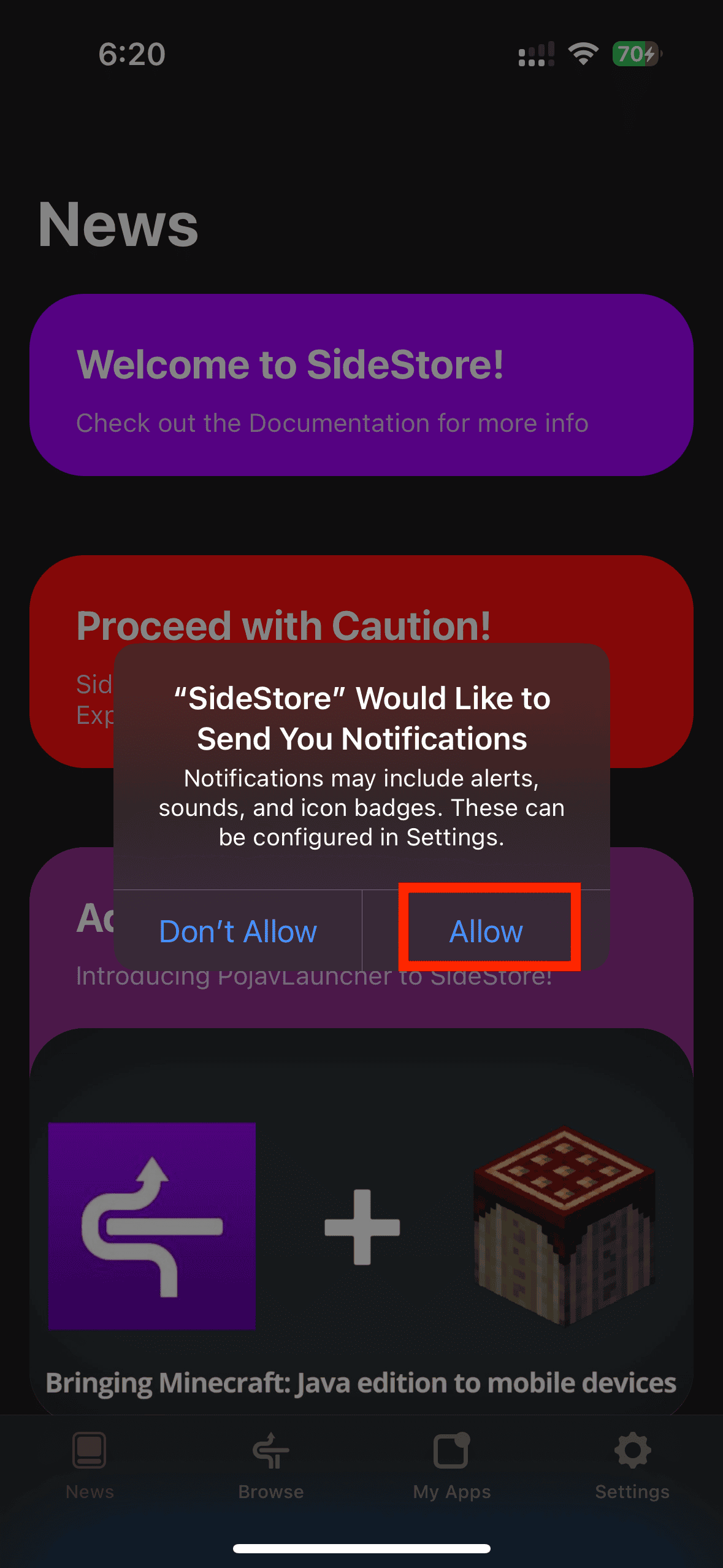 Allow Sidestore to send notifications on the iPhone