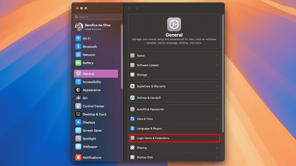 macOS Sequoia System Settings app displaying the General tab with the Login Items and Extensions button highlighted