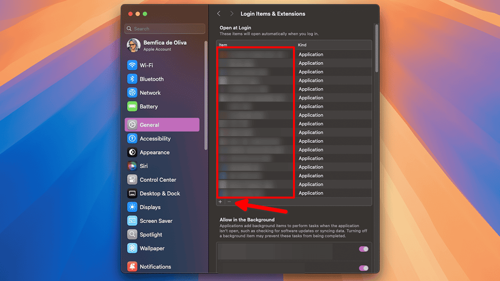 macOS Sequoia System Settings app displaying the Login Items and Extensions menu with the Login Items list highlighted